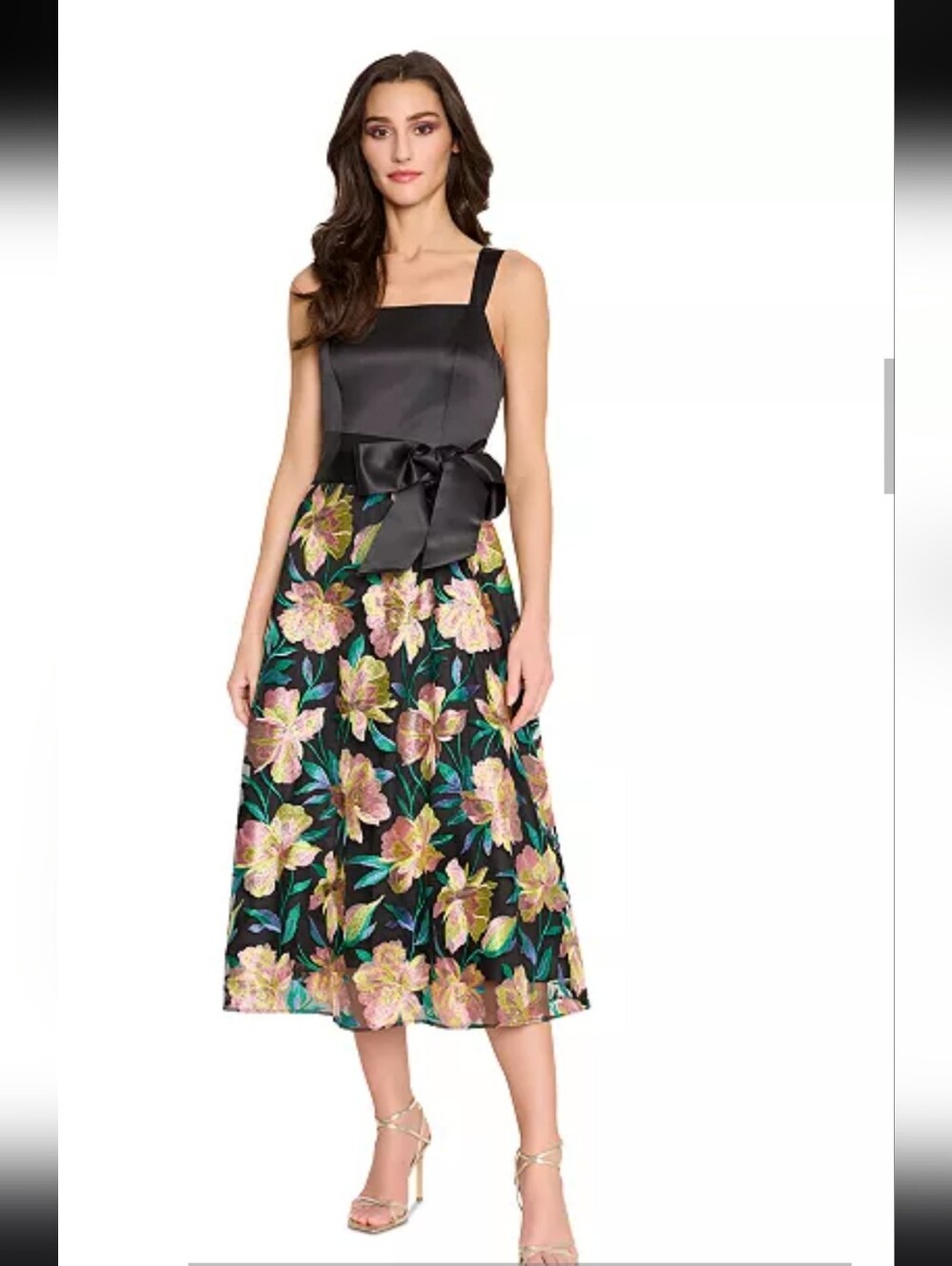 Tahari ASL Floral Embroidered Fit Flare Midi Dress Black Pink Size 10 NWT $269